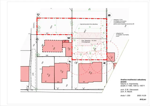 Rysunek z analizy możliwości zabudowy działek 1060, 1061/2 i 1057/1: linia zabudowy, obrys budynku 131,3 m² na trzy kondygnacje, skala 1:250