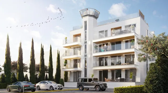 Render budynku przy Inżynierskiej 89 w dzień: pięć kondygnacji, tarasy ze szklanymi balustradami, taras na dachu