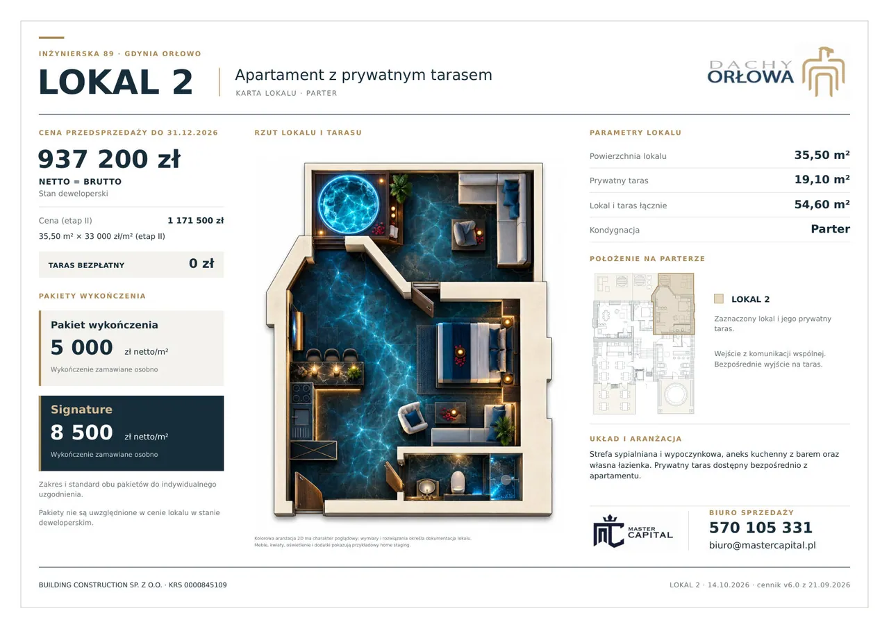Karta lokalu 2: apartament z prywatnym tarasem na parterze, wizualizacja 3D