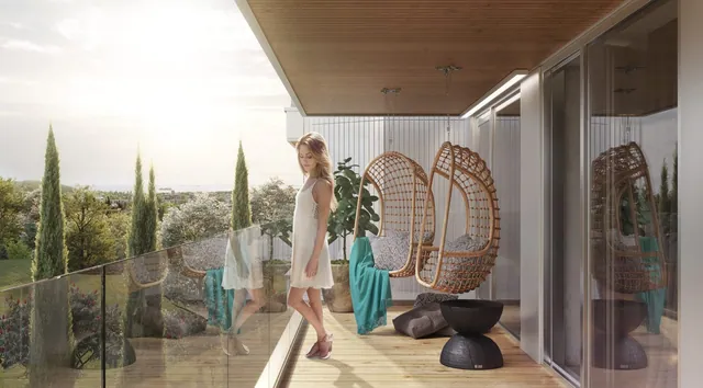 Render tarasu apartamentu z wiszącymi fotelami